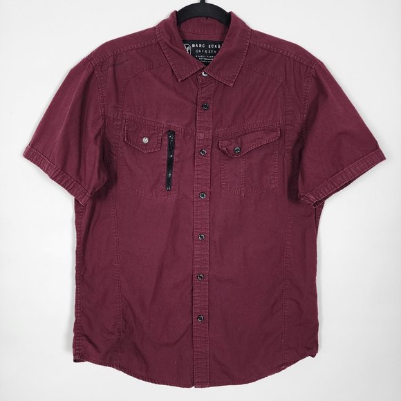 Marc Ecko Cut Sew 100% Cotton Burgundy Mens Medium Short Sleeve Button Shirt - Picture 1 of 10